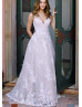 V Neck White 3D Lace Floral Wedding Dress